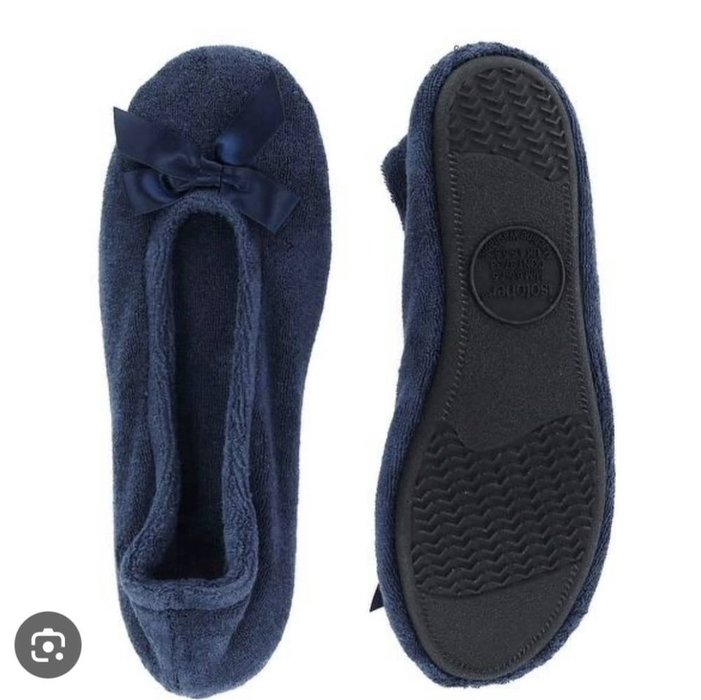 isotoner Navy Blue Terry Ballet Slippers with Satin Bow
